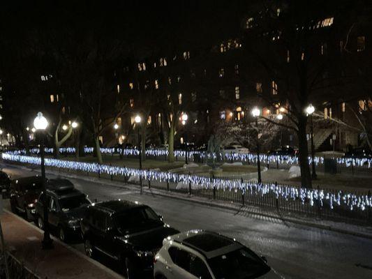 Fence lights breaking the darkness of winter.