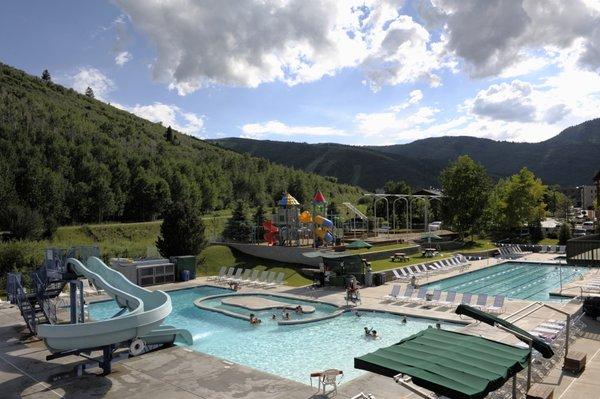 What a view of our Family pool, Olympic size lap pool and outdoor hot tub. Year round accessibility. Indoor hot tub also available.