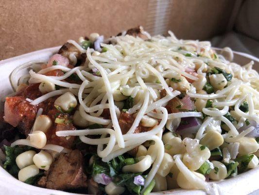 Burrito Bowl with Brown Rice, Double Chicken, Peppers & Onions, Hot Salsa, & Corn!!!