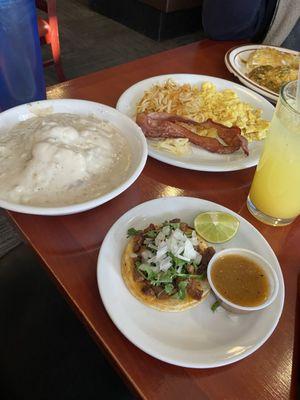 Biscuits and gravy. Carne asada taco