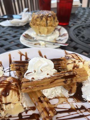 Churros infront and fried ice cream in back!