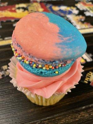 Chocolate chip cupcake with a birthday cake macaroon. My favorite treat from this shop!