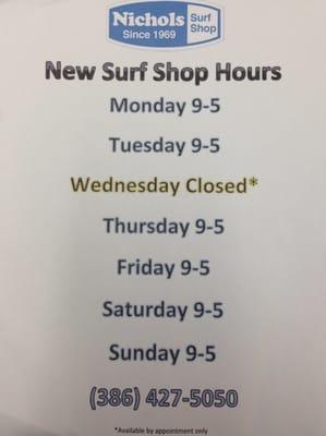 Nichols Surf Shop hours of operation