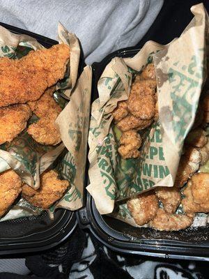 Hot honey + Louisiana rub on the tenders (left) Garlic Parmesan + lemon pepper boneless wings (right)