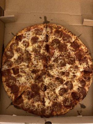 16 in. Pepperoni and extra cheese.