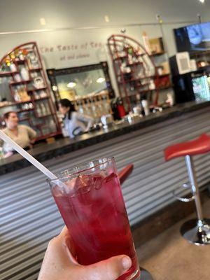 Tea of the day, a cold brew, hibiscus, and ginger with citrus.