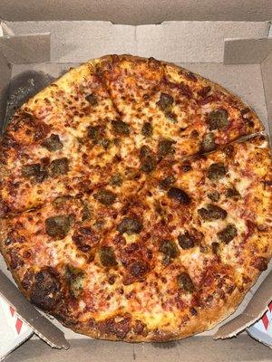 Burnt sausage pizza