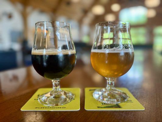 "Fayston Maple" (Imperial Maple Syrup Stout) and "Tequila Barrel-Aged Triple Sunshine" (Tequila Barrel-Aged Triple IPA)