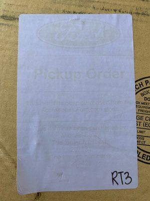 Even though it is faded, it still shows that this was my order from Ford Parts