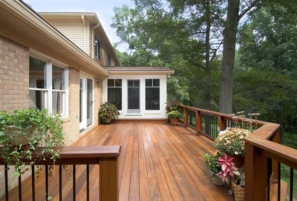 Mason Neck, Virginia; arched windows; floor-to-ceiling windows; mahogany deck; aerial view; wrap-around deck.