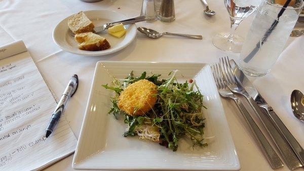 Salad dressing was perfectly nice and light, and the fried goat cheese complemented all of the flavors and textures.