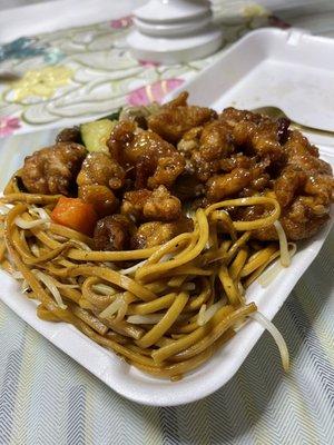 Chow mien, orange chicken, and mushroom chicken.