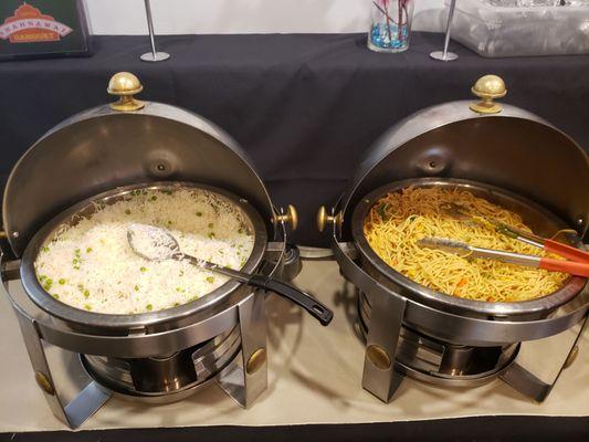 Rice with peas (right) and noodles (left)