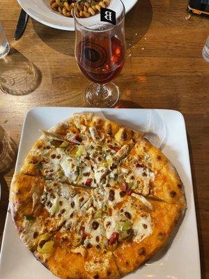 Buffalo Chicken Pizza with Red Rover beer.