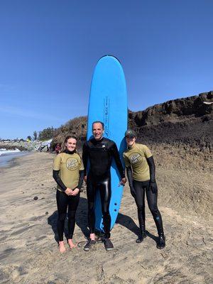 Two of our Surf Instructor'sMckinley and Kat are pictured here with Denis.