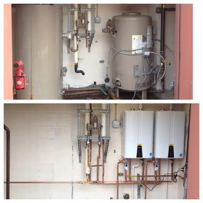 Before and after picture. From tank water heater to tankless water heaters