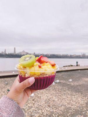 Create Your Own Pitaya Bowl with strawberries, mango, pineapple, kiwi, and honey drizzle