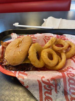 Bacon cheeseburger and onion rings.