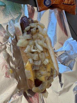 Chili cheese dog with onions