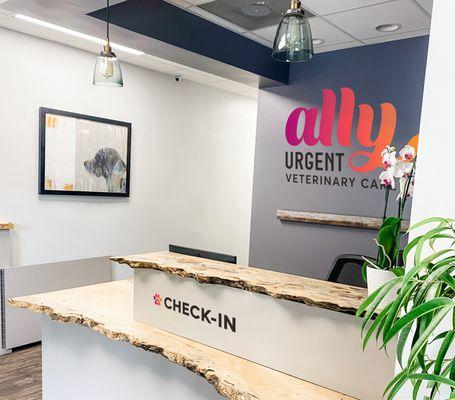 The main reception area at Ally Urgent Veterinary Care in Virginia Beach.