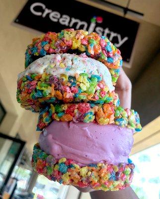 Customize your own liquid nitrogen ice cream sandwich, available with freshly baked brownies or Fruity Pebbles marshmallow treats!