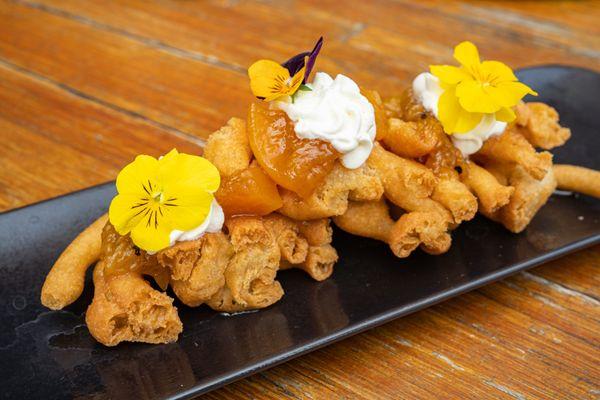 MINI FUNNEL CAKE - Brandied Klug Farm Peaches, Toasted Pecan, Whip