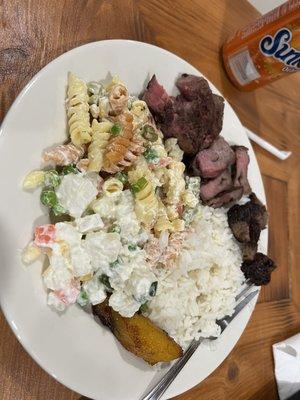 Too round steak, rice, potato and pasta salad.