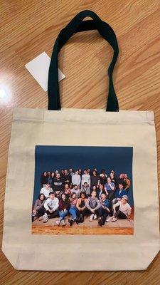 Custom printed tote bag with forest green handles