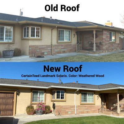 Re-Roof Before and After. Before and after of a recent re-roof in Lodi, CA. CertainTeed Landmark Solaris. Color: Weathered Wood