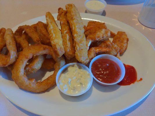 Fish, shrimp, and onion rings.