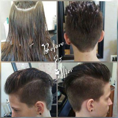 BEFORE:(shoulder length) & AFTER: (buzzed sides and back,leaving the top long and disconnected) transformation cut.