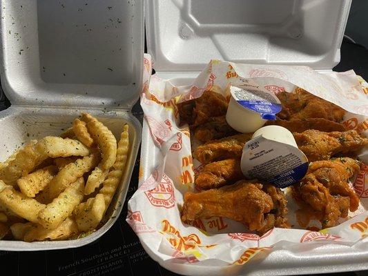 Mild hot 10 piece party wing with regular small fries $14