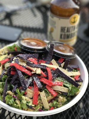 The infamous Southwest Crunch salad with Health Ade Kombucha