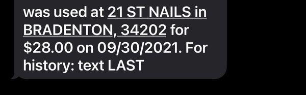 This photo is to show the $28 charged to my credit card for the very BAD mani/pedi to show that is exactly what I was charged.