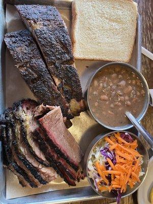 Brisket, spare ribs, pinto beans and coleslaw.