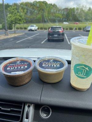 Two in house made butters and my Beach Bum smoothie!