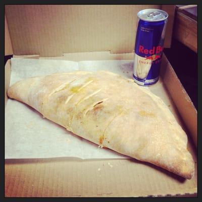 My dinner tonight, Philly calzone and a redbull