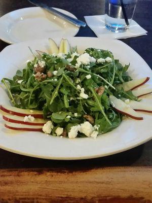 Agave Arugala Orange Salad, with candied pecans, sliced apples, goat cheese with a Agave Orange vinaigrette.