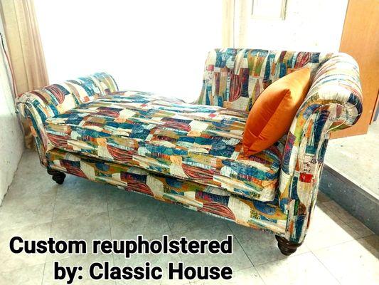 An impeccable example of a newly custom reupholstered chaise lounge. Boasts a Picasso style, inspired abstract designer fabric.