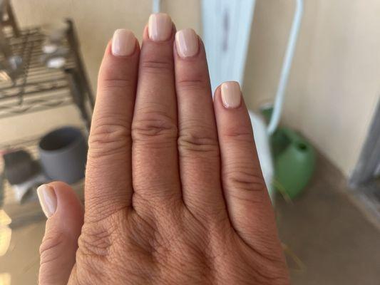 Light coat of acrylic, gel manicure #45, a creamy white.