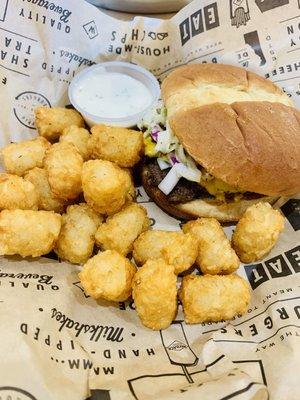 Carolina Burger with tots and a side of ranch