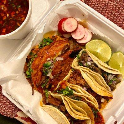 Birria tacos with consume, al pastor taco, steak taco, chicarrone taco, chorizo taco.