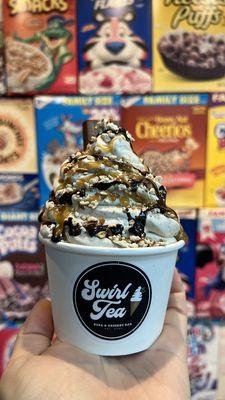 Count Chocula signature drilled ice cream! Marshmallows, chocolate & caramel drizzle, kit kats, and crushed pretzels!