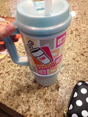 Refillable mug 4.99 - then any drink is 99cents except for lattes