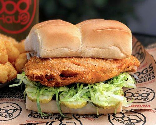 BAD MUTHA CLUCKA - beer battered or grilled chicken breast, lettuce, pickles, miso ranch