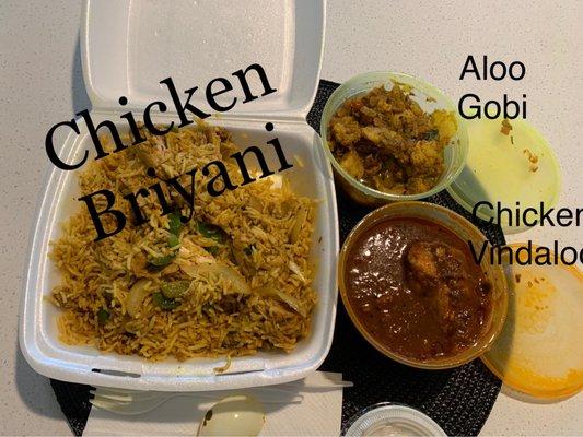 Chicken Biryani , Aloo gobi , Chicken Vindaloo Chicken =$39 total