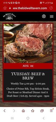 Tuesday Beef & Brew Special