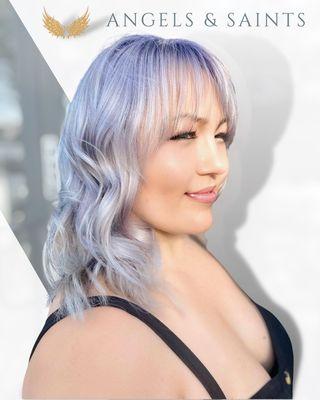 Platinum blonde highlights with lavender shadow root.