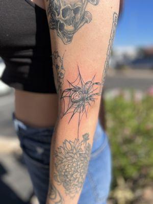 Amazing Spider and web tattoo done by Kelli