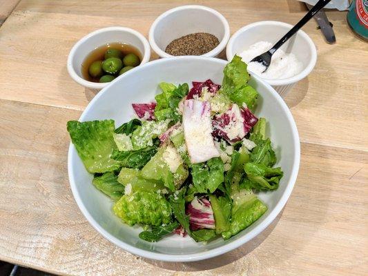 Salad, olives, pepper, and salt included with all meals dining in.